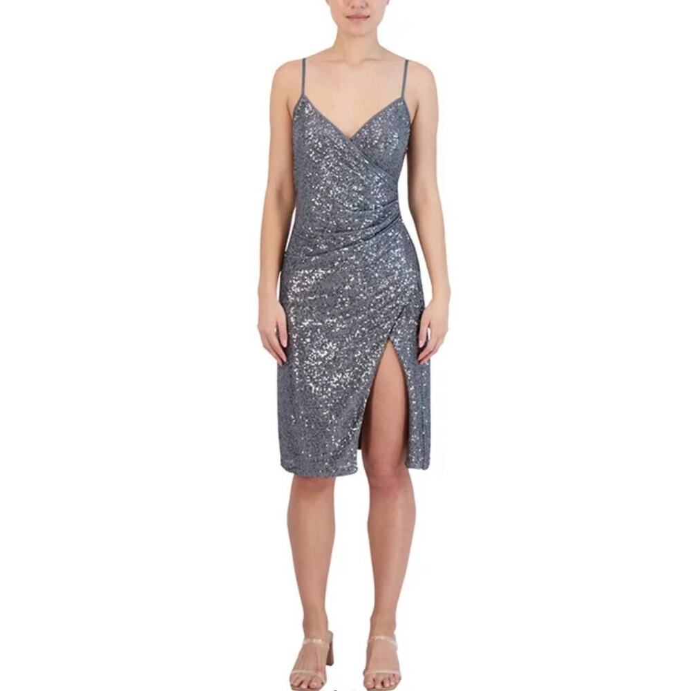 BCBG Generation Gunmetal Sequin V Neck Ruched Holiday Dress - M